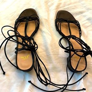 J.Crew black leather lace up sandals.